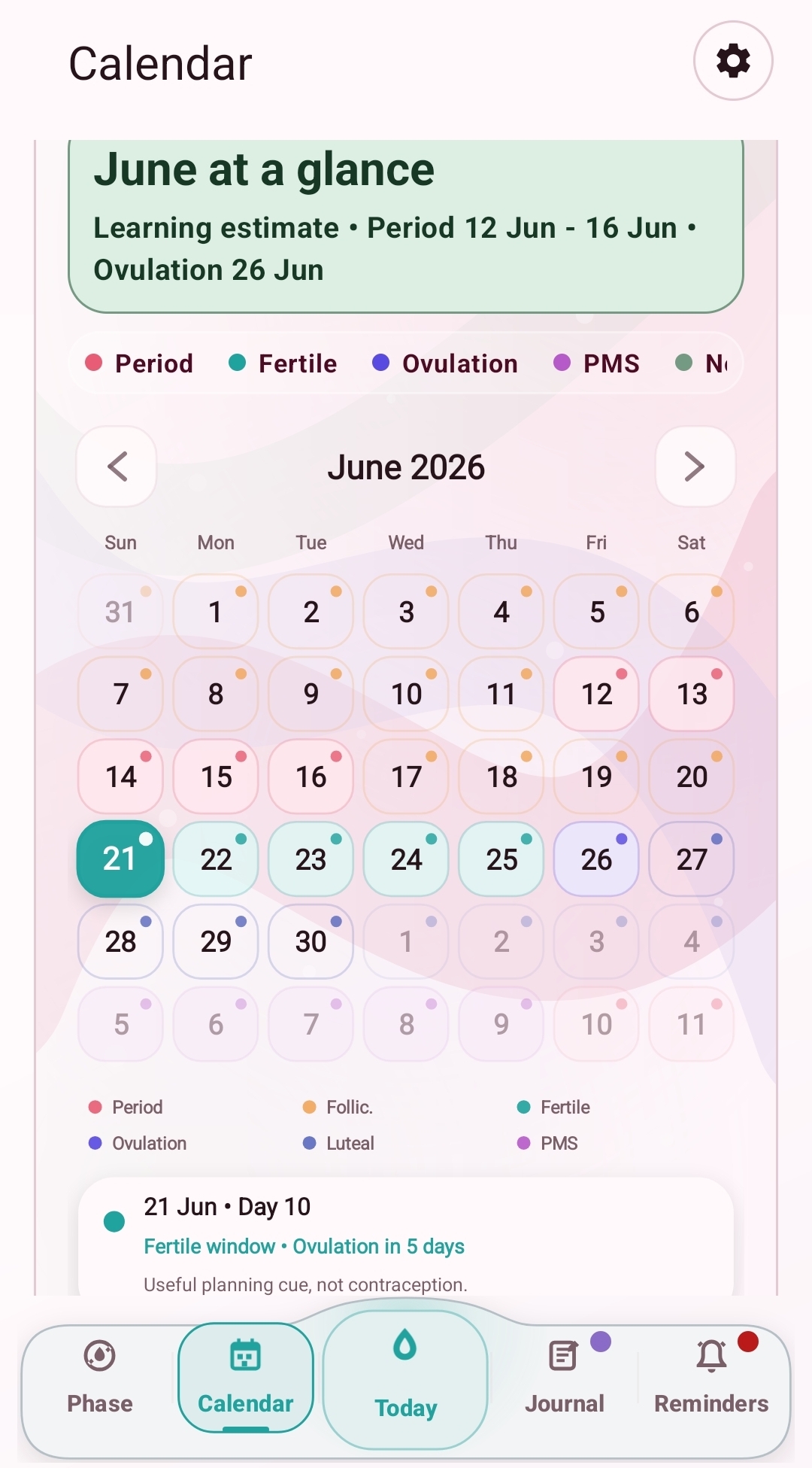 Monthly menstrual calendar screenshot